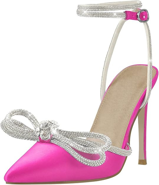 Women's Pointy Toe Satin High Heels Ankle Strap Rhinestone Stilettos Bowknots Wedding Sandals | Amazon (US)