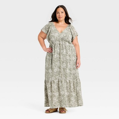 Women's Flutter Short Sleeve Floral Maxi A-Line Dress - Universal Thread™ Olive Green XXL | Target