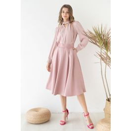 Lacy Waist Pleated Flare Midi Skirt in Pink | Chicwish