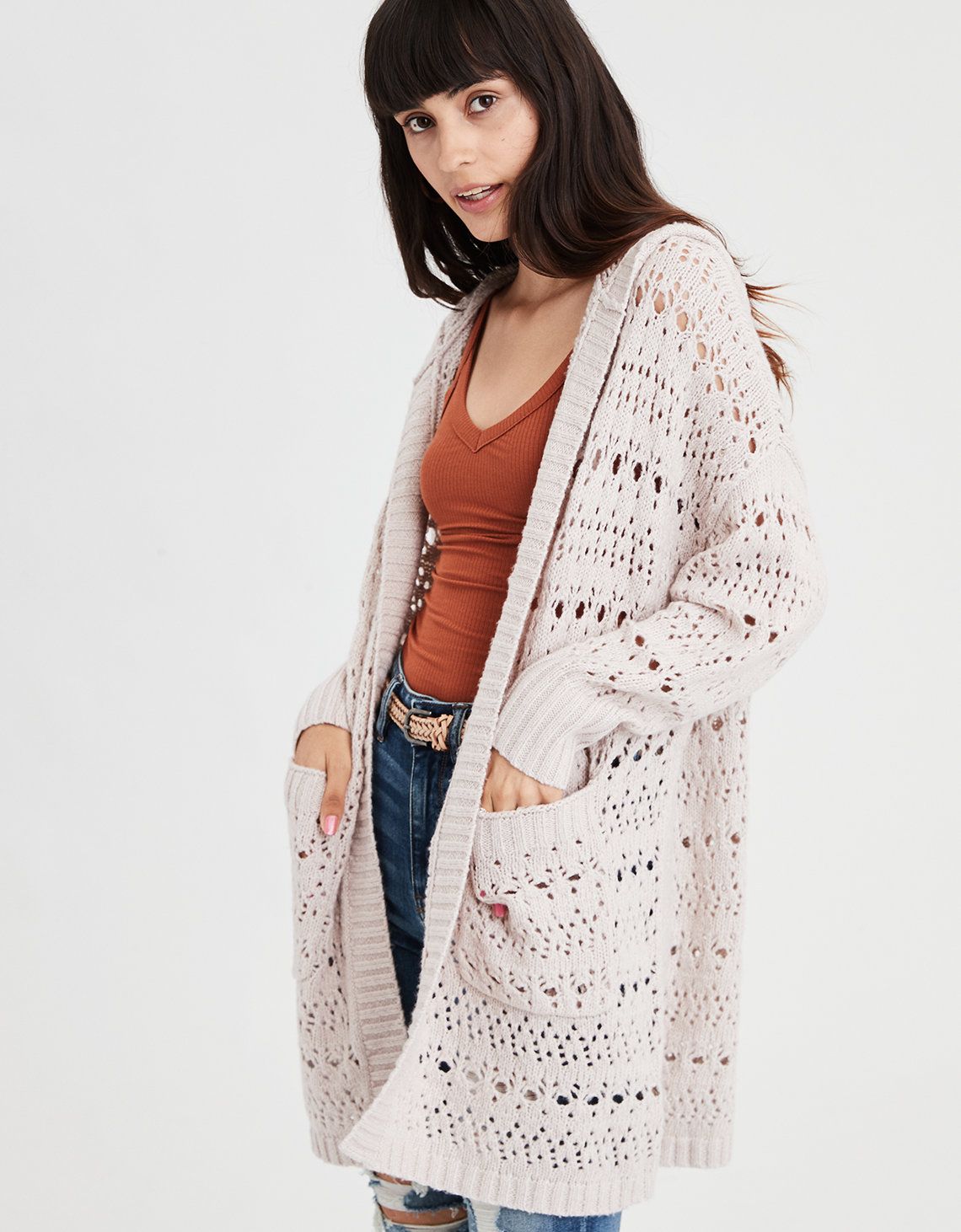 Pointelle Knit Hooded Cardigan | American Eagle Outfitters (US & CA)