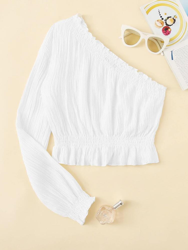 One Shoulder Frill Trim Shirred Crop Top | SHEIN