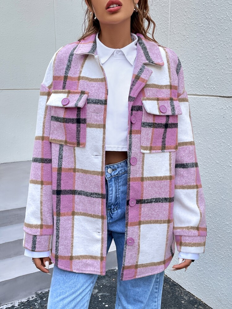 Plaid Flap Pocket Drop Shoulder Coat | SHEIN