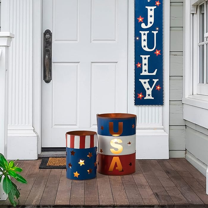 Glitzhome Set of 2 American Metal Decorative Lanterns for Americana Decorations USA Flag Patrioti... | Amazon (US)