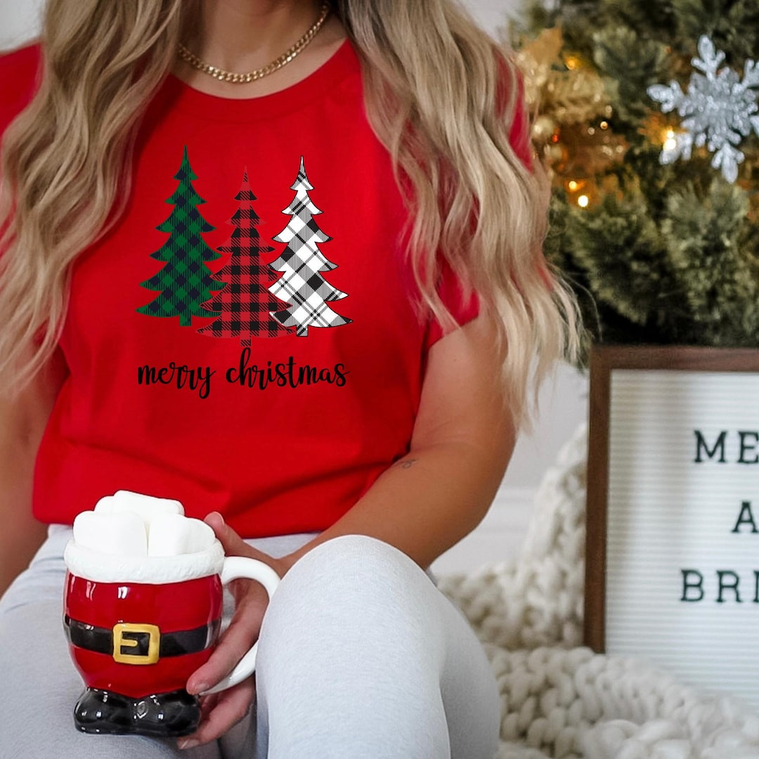 Merry Christmas Plaid Christmas Tree Shirts, Matching Family Holiday Outfits, Buffalo Plaid Trees... | Etsy (US)