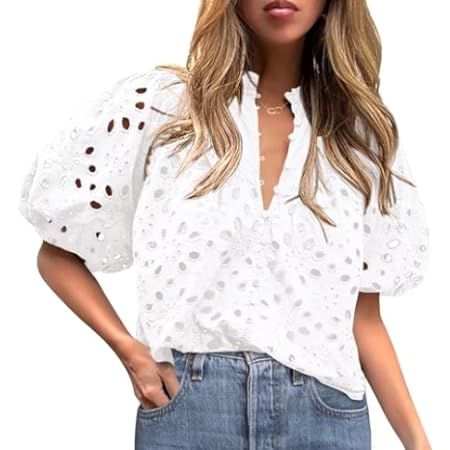 PRETTYGARDEN Womens Hollow Out Lace Embroidered Blouse | Amazon (US)