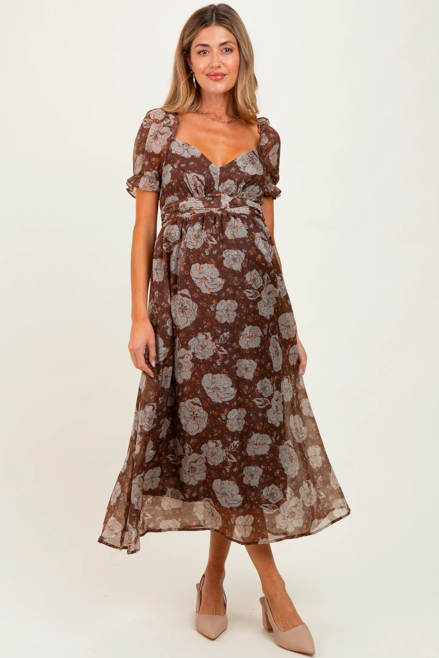Brown Floral Chiffon Sweetheart Neckline Maternity Midi Dress | PinkBlush Maternity
