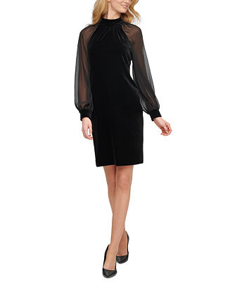 Calvin Klein Women's Velvet Chiffon-Sleeve Dress  - Macy's | Macy's