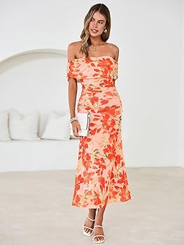 Simplee Womens Summer Floral Off Shoulder Maxi Dress 2026 Spring Ruched Bodycon Formal Wedding Gu... | Amazon (US)
