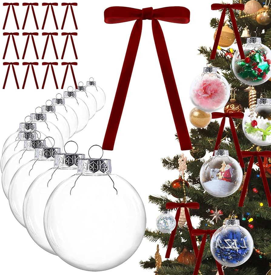 3.15 inch Christmas Balls with Velvet Bows,Clear Plastic Ornament Balls,DIY Fillable Ornaments Cl... | Amazon (US)