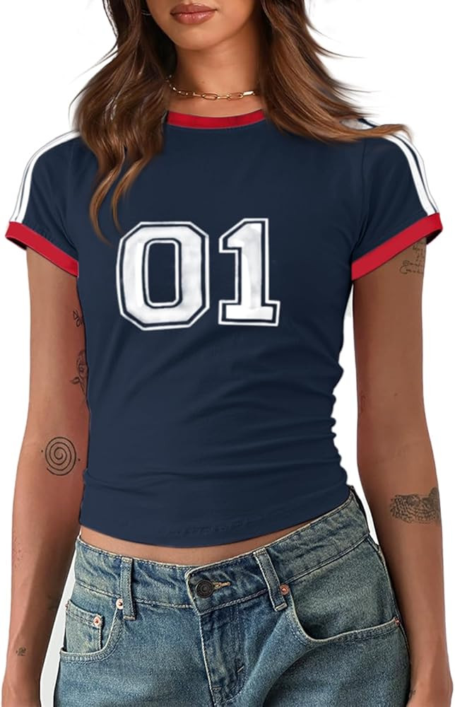 Imily Bela Womens Summer Crop Tops Y2k Baby Tees Cute Letter Print Short Sleeve Vintage T Shirt | Amazon (US)