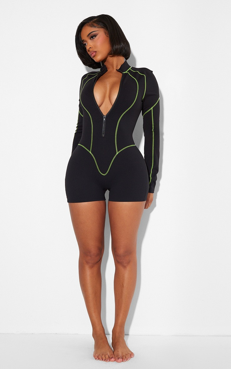 Shape Black Sculpted Contrast Stitch Unitard | PrettyLittleThing US