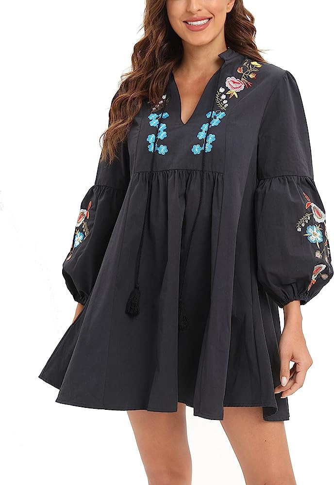 Aox Women Retro Lanter Sleeve Floral Embroidered Boho A line Loose Short Shift Swing Dress | Amazon (US)