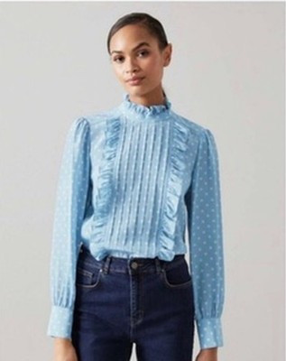 LK Bennett Blue Polkadot Frill Neck \u2018Tish\u2019 Blouse 100% SILK Sz 8 UK NEW RRP \u00a3229  ... | eBay UK