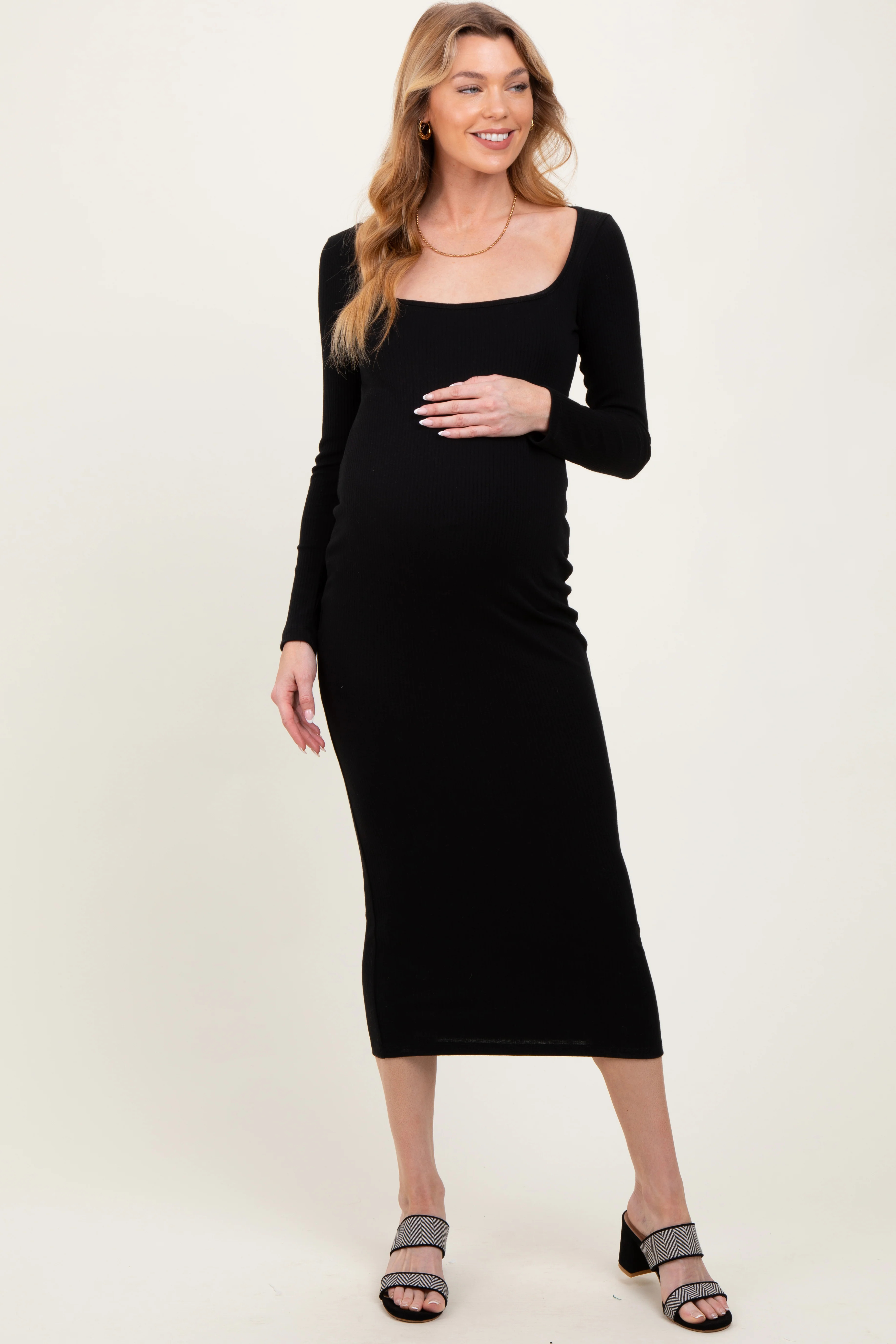 Black Square Neck Rib Long Sleeve Maternity Maxi Dress - Large | PinkBlush Maternity