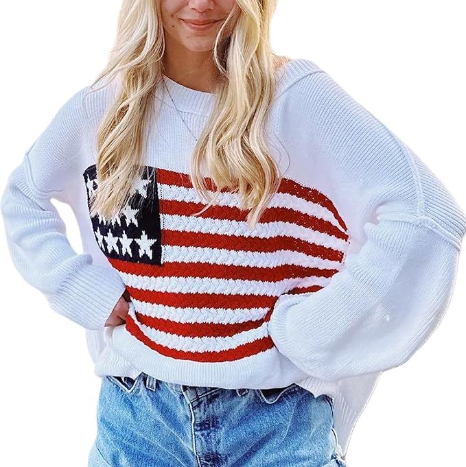 KMBANGI Women American Flag Sweater Graphic Loose Vintage Long Sleeve Crewneck Knitted Jumper Top... | Amazon (US)