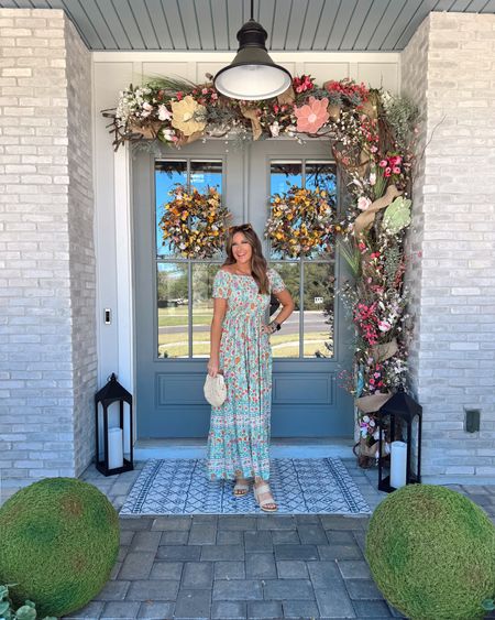 In a small off shoulder boho maxi, wedges, clutch, sunglasses and accessories for spring - all fits TTS.

#LTKfindsunder50 #LTKstyletip #LTKSeasonal