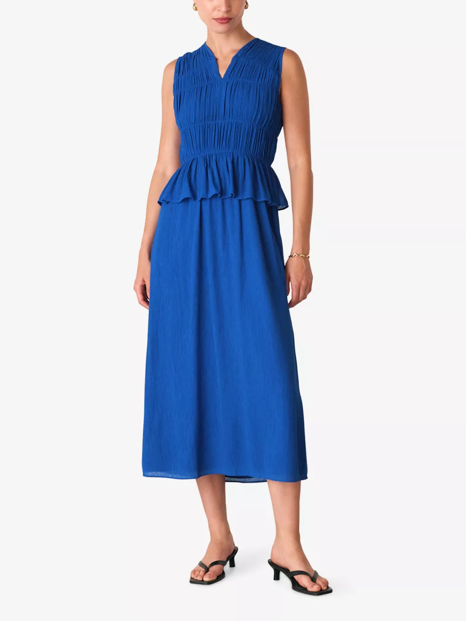 V-Neck Shirred Sleeveless Woven Midi Dress | Selfridges