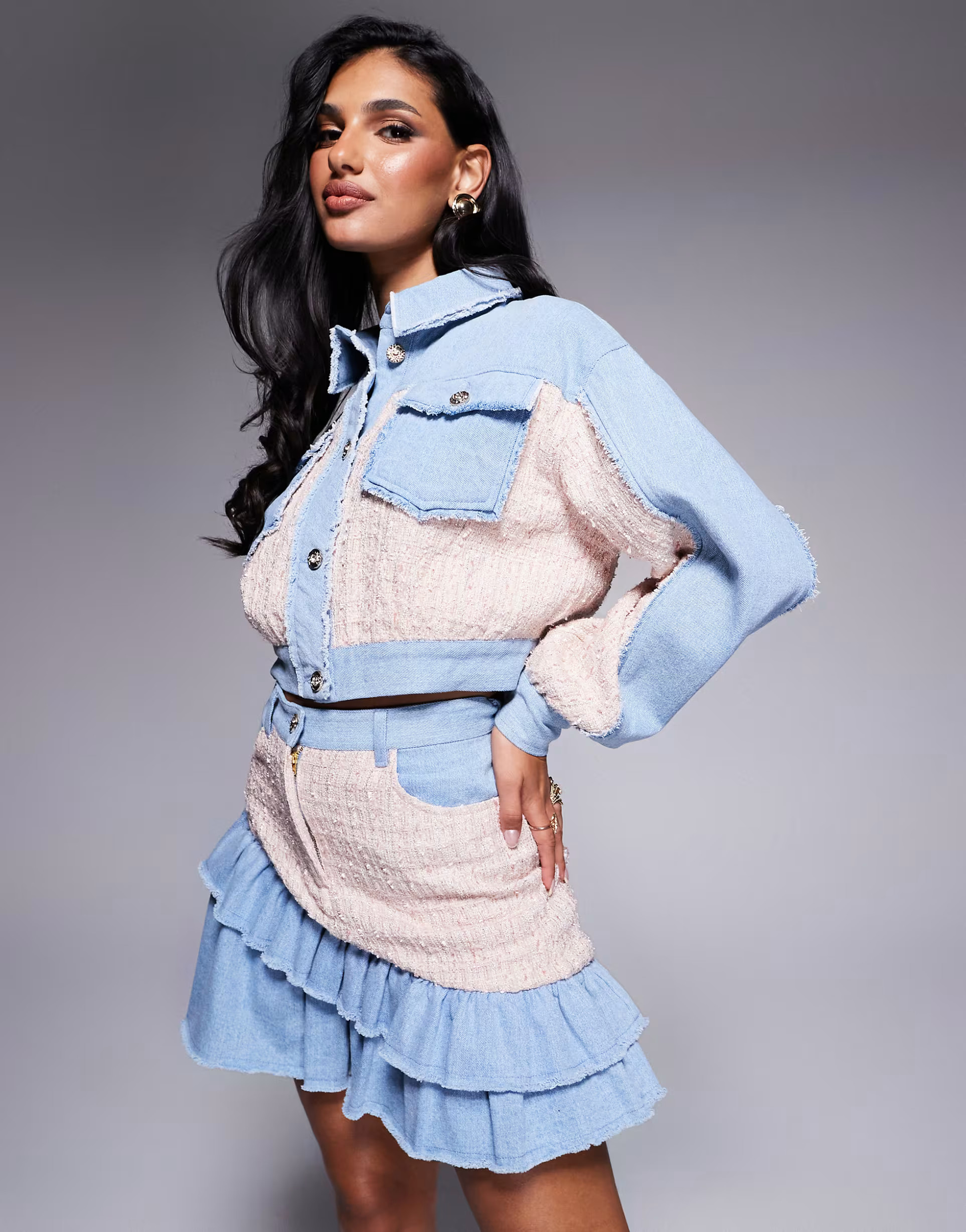 ASOS LUXE boucle mix co-ord denim ruffle mini skirt in mid wash blue | ASOS (Global)