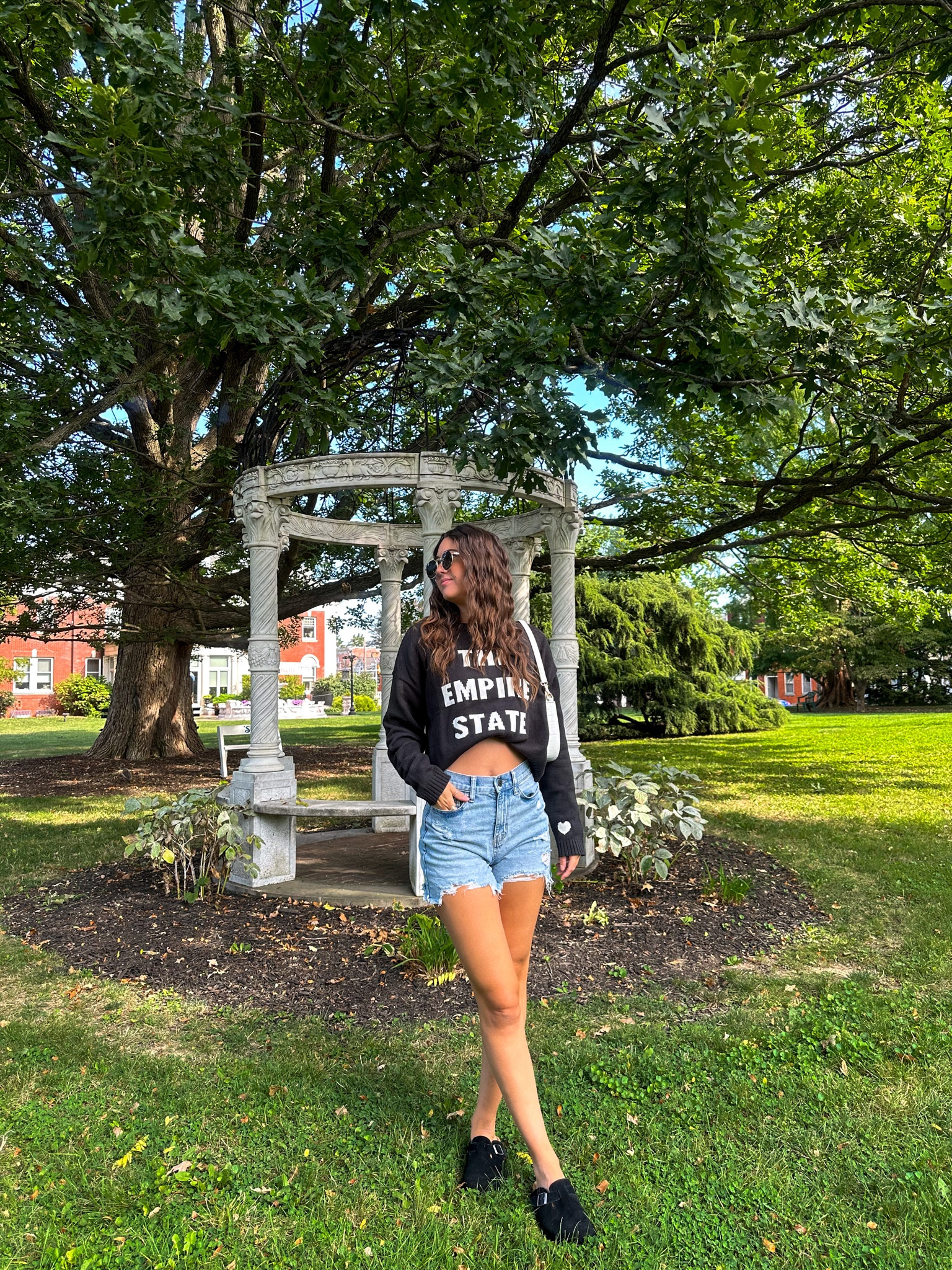 early fall outfit!🍂

•
New York sweater, denim shorts, clog dupes, taupe, black, fall fashion, fall style, casual outfit, easy outfit, outfit inspo, dupe, ootd, crop sweater

#LTKFind #LTKstyletip #LTKSeasonal