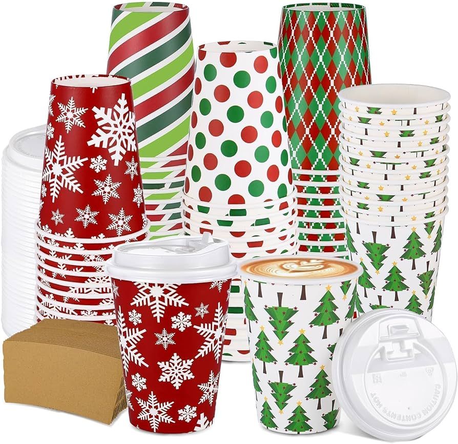 300 Pcs/100 Sets Christmas Coffee Cups with Lids and Sleeves 12 oz Disposable Christmas Paper Cup... | Amazon (US)