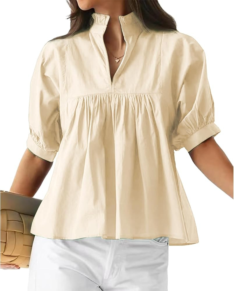 Womens Babydoll Puff Sleeve Blouse Shirts V Neck Peplum Pleated Tops Casual Flowy Summer Loose Fi... | Amazon (US)