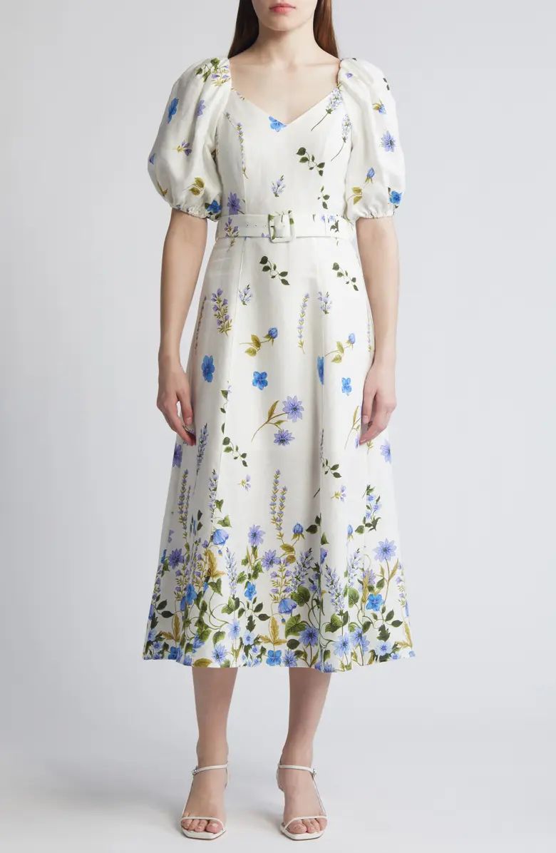 Floral Belted Puff Sleeve Linen Midi Dress | Nordstrom