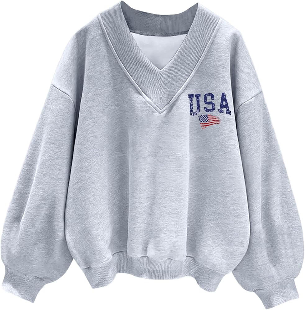 Hilinker Womens V Neck Oversized Sweatshirts Casual Drop Shoulder Long Sleeve Pullover Tops | Amazon (US)