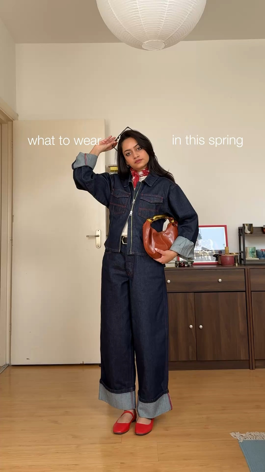 Double denim with pop of red for spring 