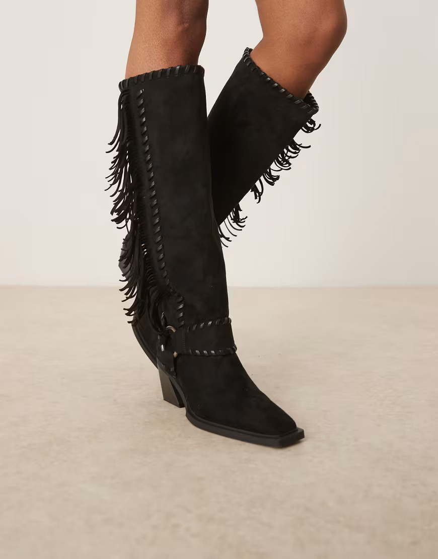 ASOS DESIGN Cristina western fringe knee boots in black-Brown | ASOS (Global)