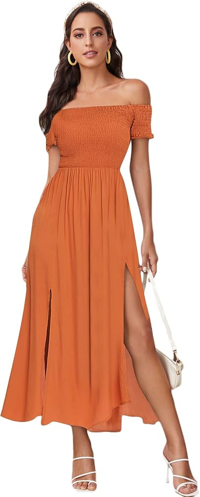 Floerns Women's Boho Floral Print Off Shoulder Split Long A Line Dress | Amazon (US)