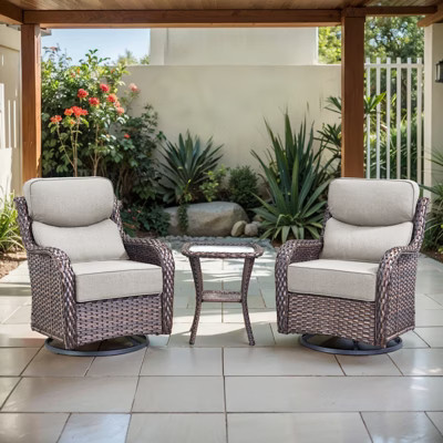 POCASSY Outdoor Swivel Chairs Set with Side Table, 6-Inch Thick Seat Cushions All Weather Wicker 3PCS Patio Furniture Set for Porch - Beige | Target