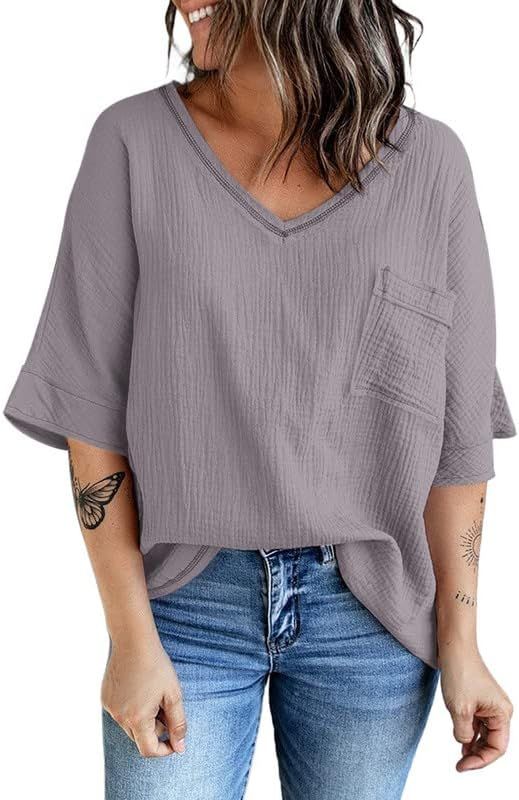 Dokotoo Womens 2023 Summer Spring 3/4 Sleeve V Neck Casual Loose Tunic Tops Blouses | Amazon (US)