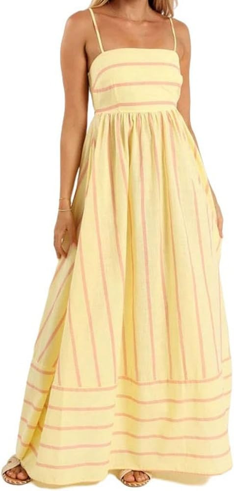 Women Dresses Boho Summer Floral Striped Sleeveless Maxi Dress Casual Spaghetti Strap Tiered Flow... | Amazon (US)