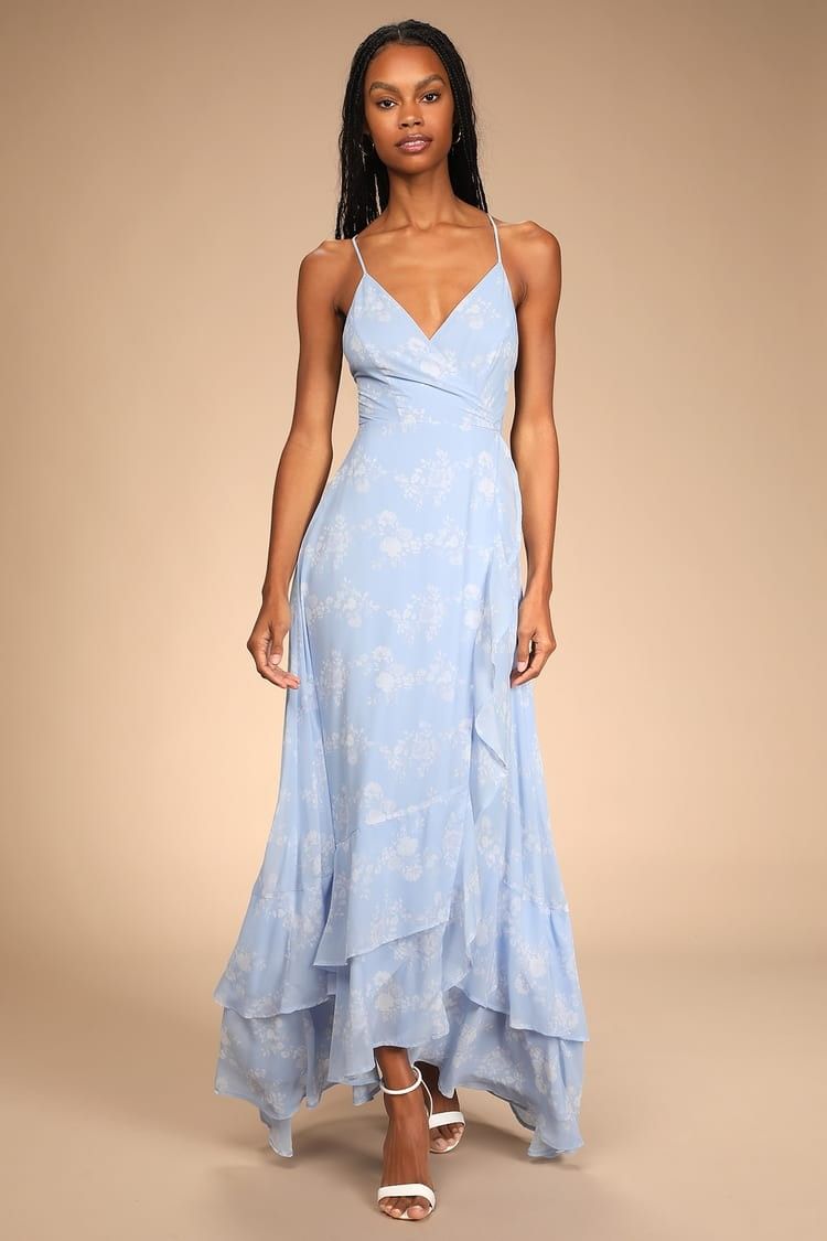 In Love Forever Light Blue Floral Lace-Up High-Low Maxi Dress- Summer Wedding Guest Dress | Lulus (US)