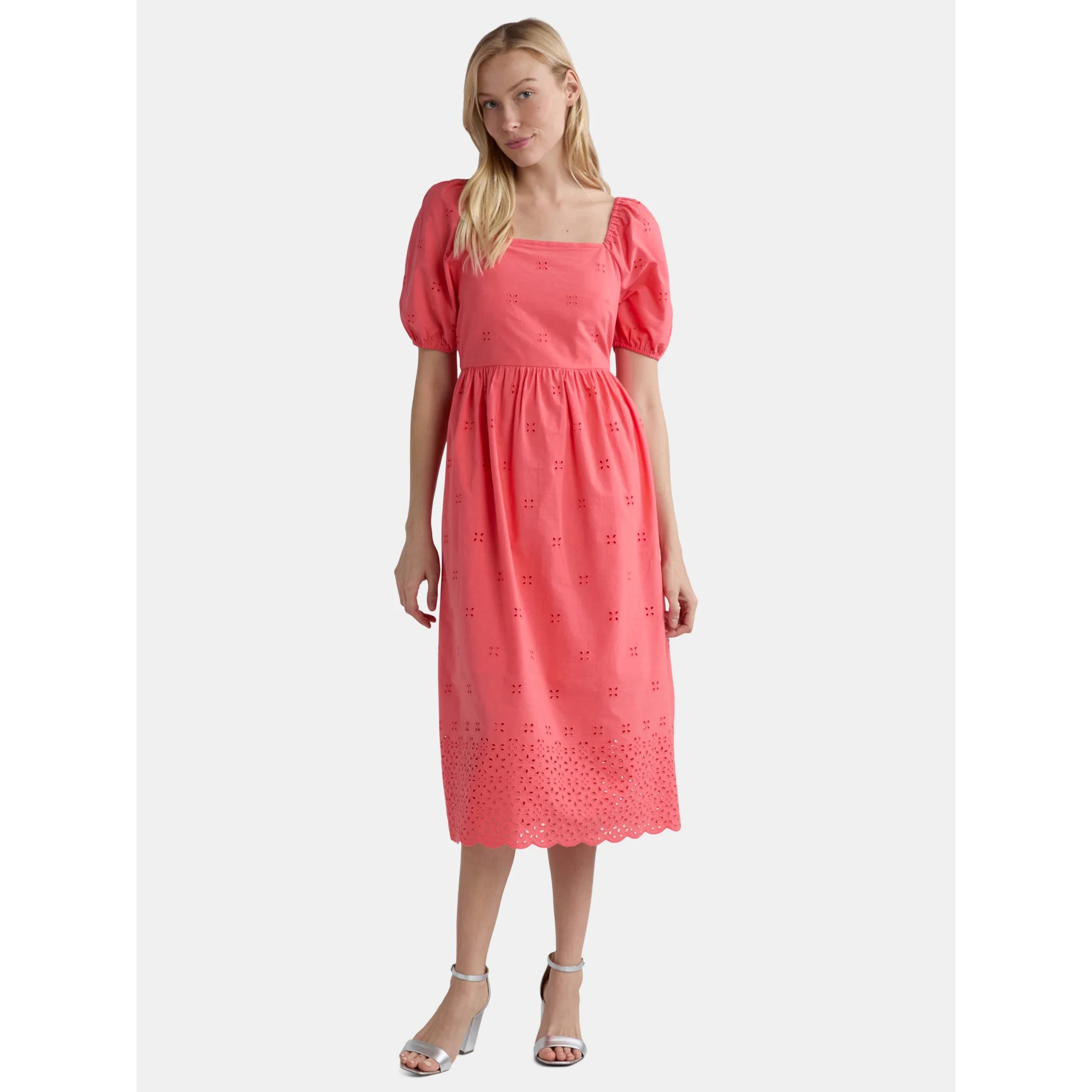 Time and Tru Women's and Women's Plus Square Neck Eyelet Midi Dress, Sizes XS-4X | Walmart (US)