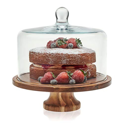 Libbey Acaciawood Footed Round Wood Server Cake Stand with Glass Dome | Amazon (US)