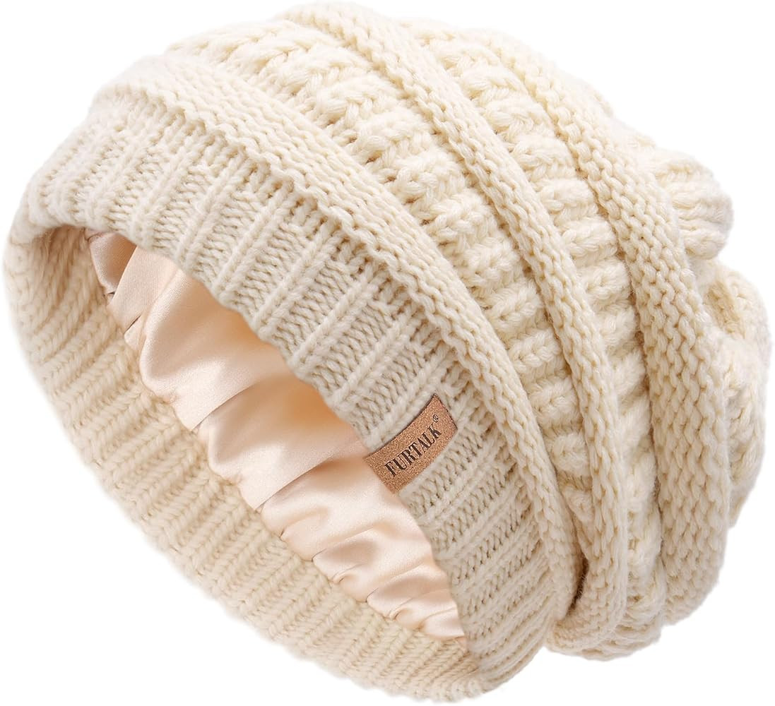 FURTALK Winter Beanie Hat for Women Satin Lined Cable Knit Chunky Slouchy Beanies Skull Warm Cap | Amazon (US)