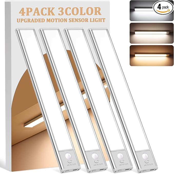 Under Cabinet Lighting Wireless, 4Pack Motion Sensor Light Indoor with 3 Color Temps, Dimmable Cl... | Amazon (US)