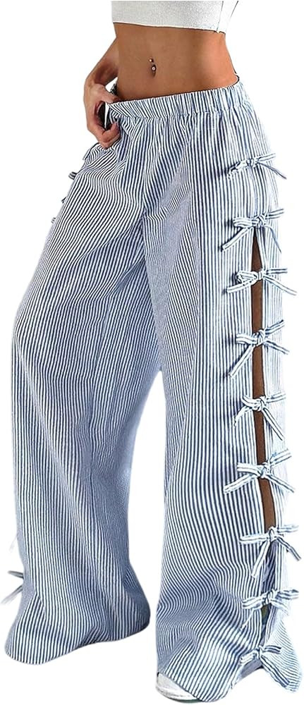 Verdusa Wide Leg Linen Pants for Women Striped Bow Baggy Hiking Pants Long Trousers | Amazon (US)