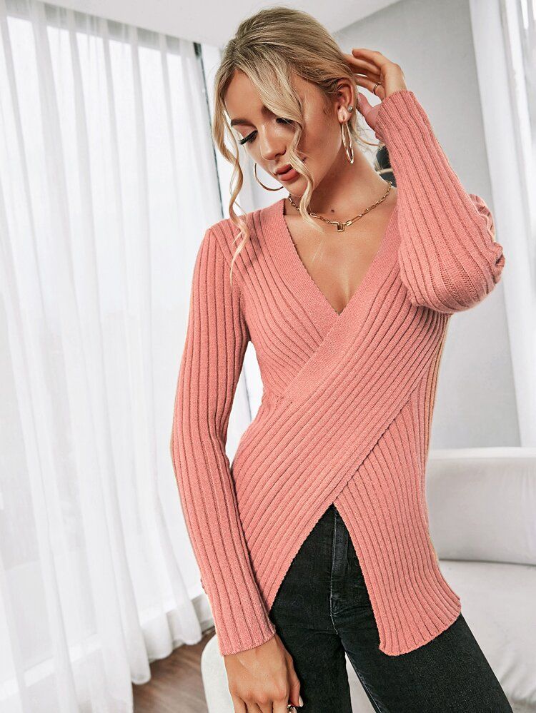 Ribbed Knit Split Front Sweater | SHEIN