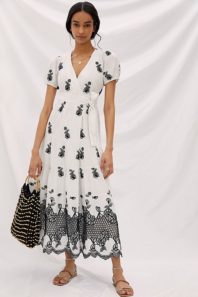Contrast Embroidered Wrap Midi Dress | Anthropologie (US)