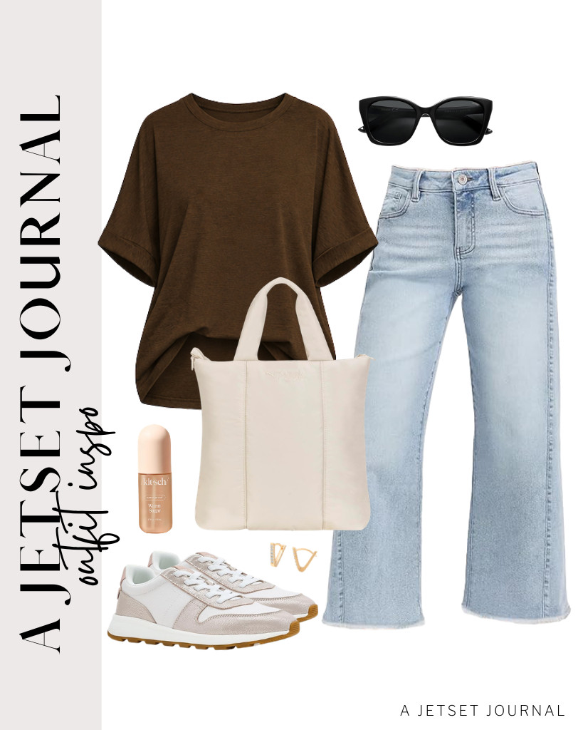 We love this combination of a brown ATHMILE tee and wide-leg jeans. Pair them with TOMS lace-up sneakers and a trendy PUMA puffer tote. Complete the look with SOJOS cateye sunnies and PAVOI huggie earrings.

#LTKSeasonal #LTKSaleAlert #LTKTravel
 

 