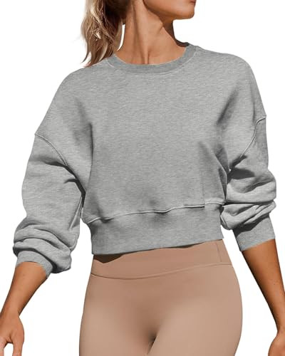 Women's Long Sleeve Round Neck Cropped Sweatshirts Cute Loose Fit Pullover Tops | Amazon (US)