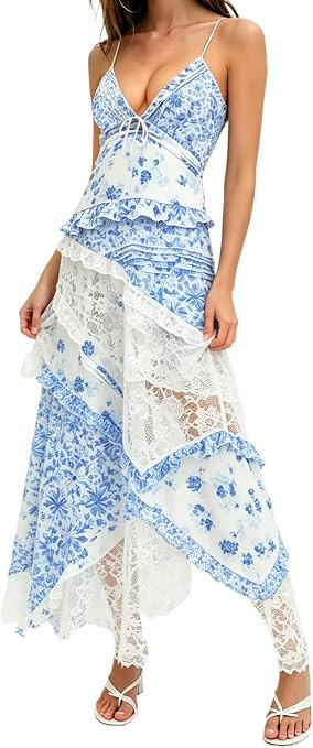 Womens Floral Lace Spaghetti Strap Backless Ruffle Boho Maxi Dress | V-Neck Patchwork Sundress, F... | Amazon (US)