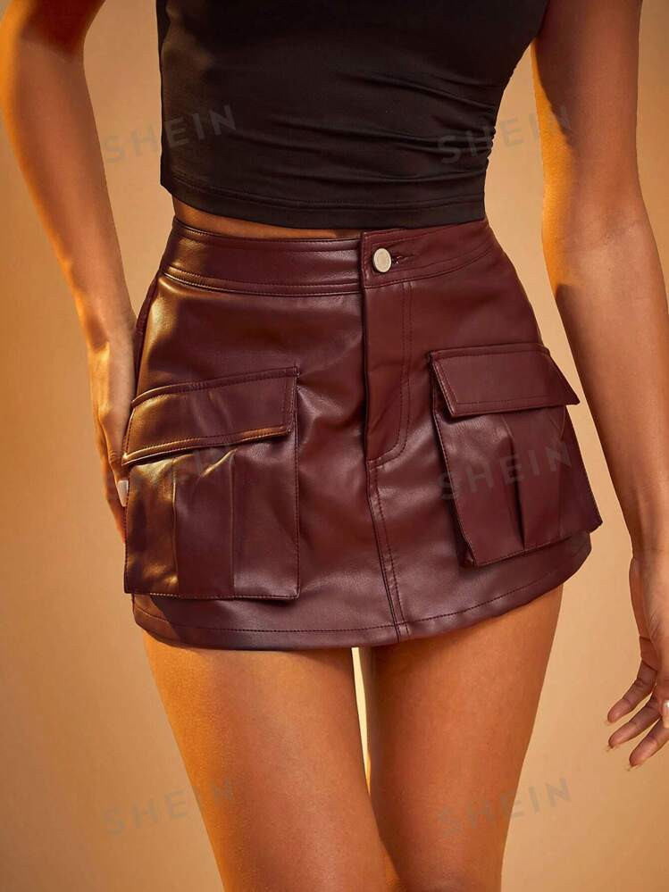 SHEIN Haute Flap Pocket Detail PU Faux Leather Mini Skort | SHEIN