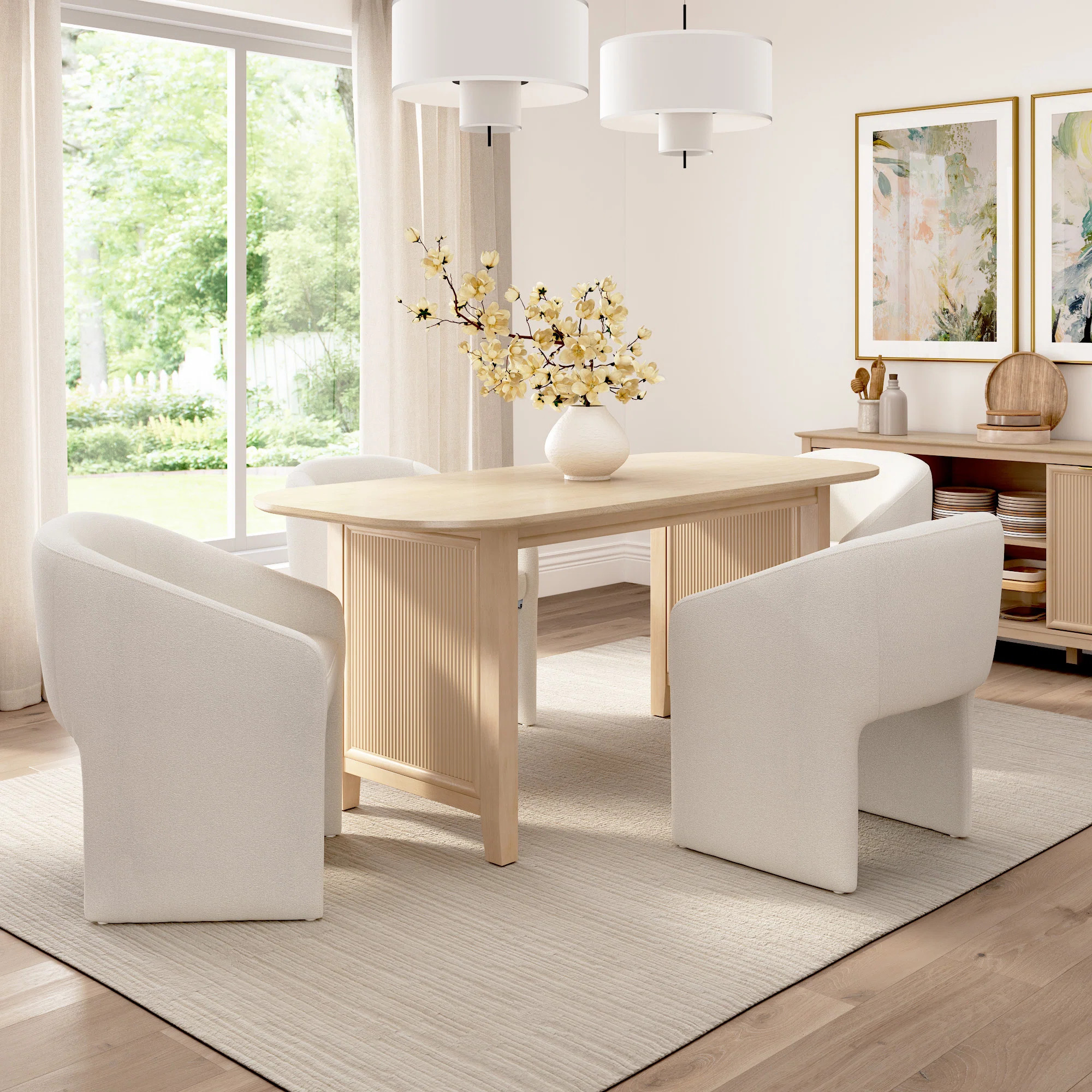 Fluted Base 71W Dining Table With Upholstered Barrel Dining Chairs, Dining Room Furniture | Wayfair North America