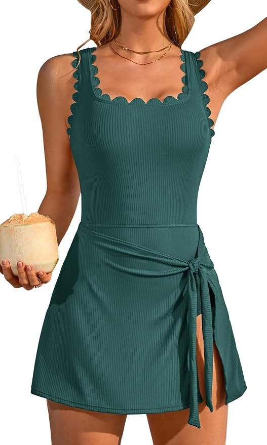 Charmo One Piece Swim Dress Modest Swimsuits Women Bathing Suit with Skirt | Square Neck,Scallope... | Amazon (US)