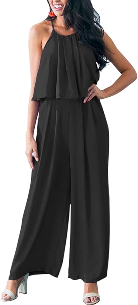 PRETTYGRADEN Women's Casual Summer Sleeveless Jumpsuit Halter Neck Wide Leg Pants Rompers One Pie... | Amazon (US)