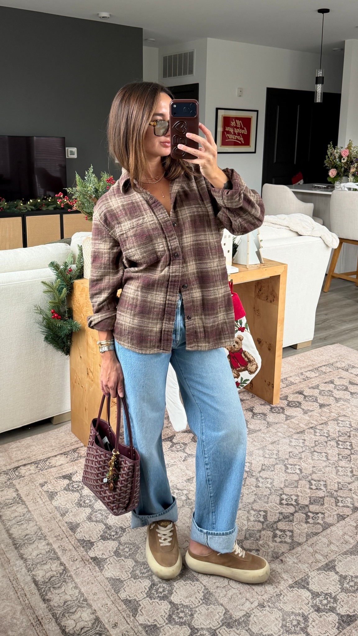 Abercrombie men’s flannel! I’m wearing a small! 24 petite in jeans. Shoes are golden goose not linkable!