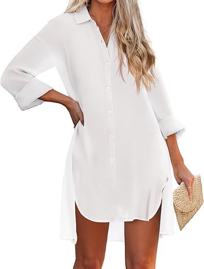 AOLRO Women's Cover Up Shirts for Swimwear Button Down Beachwear V Neck Swimsuit Coverup | Amazon (US)